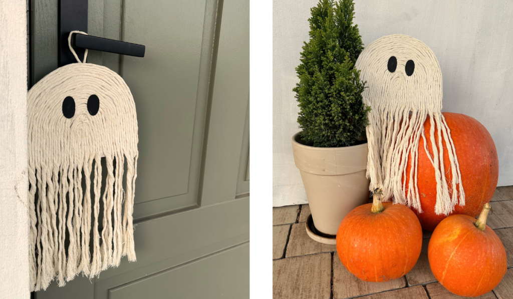 Halloween duchovia v boho štýle s čiernymi očkami - aranžmán pred domom s dozretými tekvicami